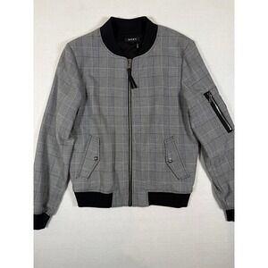DKNY Womens Small Grey Plaid Full Zip Bomber Jacket Utility Pocket Coat